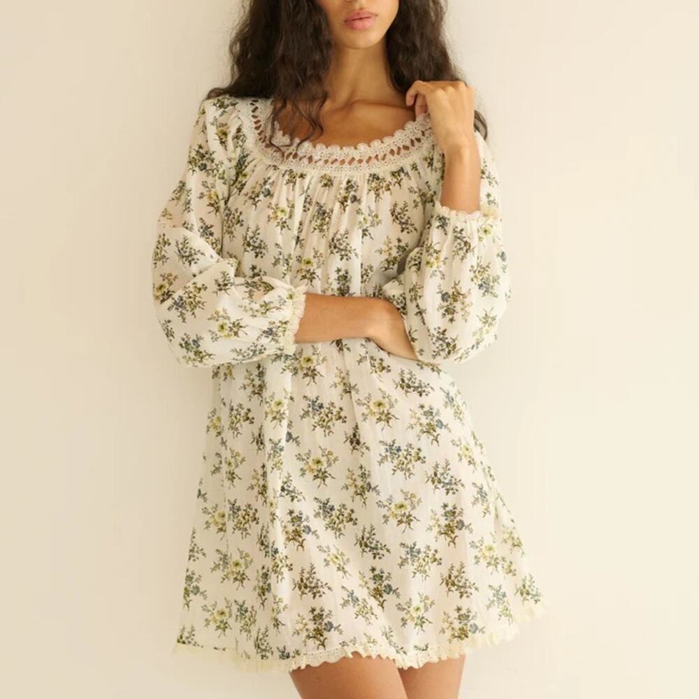 Doen Donelle Cotton Voile Lace Long Sleeve Mini Dress Crème Fleur Du Palais
